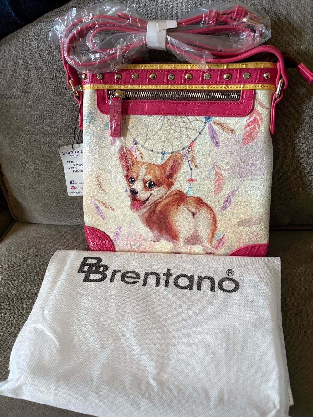 Brentano Pink Crossbody Bag with Corgi Dreamcatcher Art